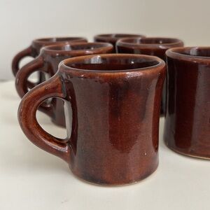 6 Vintage Stoneware Coffee Mugs Maple Leaf Stamp Warm Cabin Brown Color